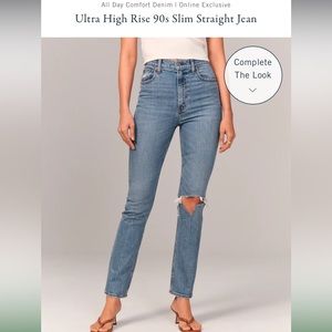 abercrombie and fitch 90s slim straight ultra high rise medium wash destroyed